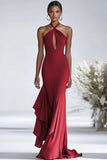 Halter Terracotta Chiffon Ruffles Sheath Red Gala Dress