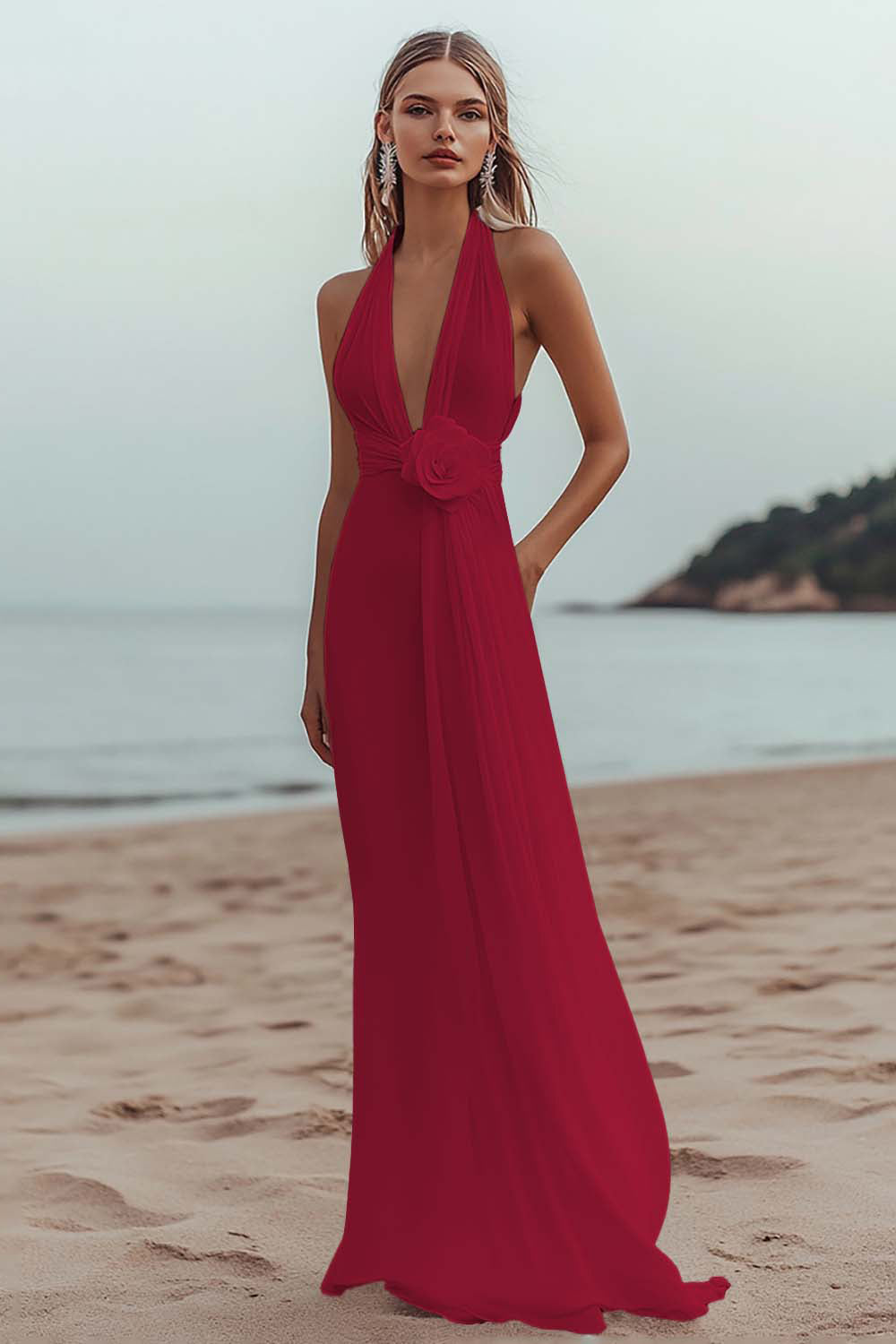 White Sheath Halter Ruched Long Formal Dress with Flower