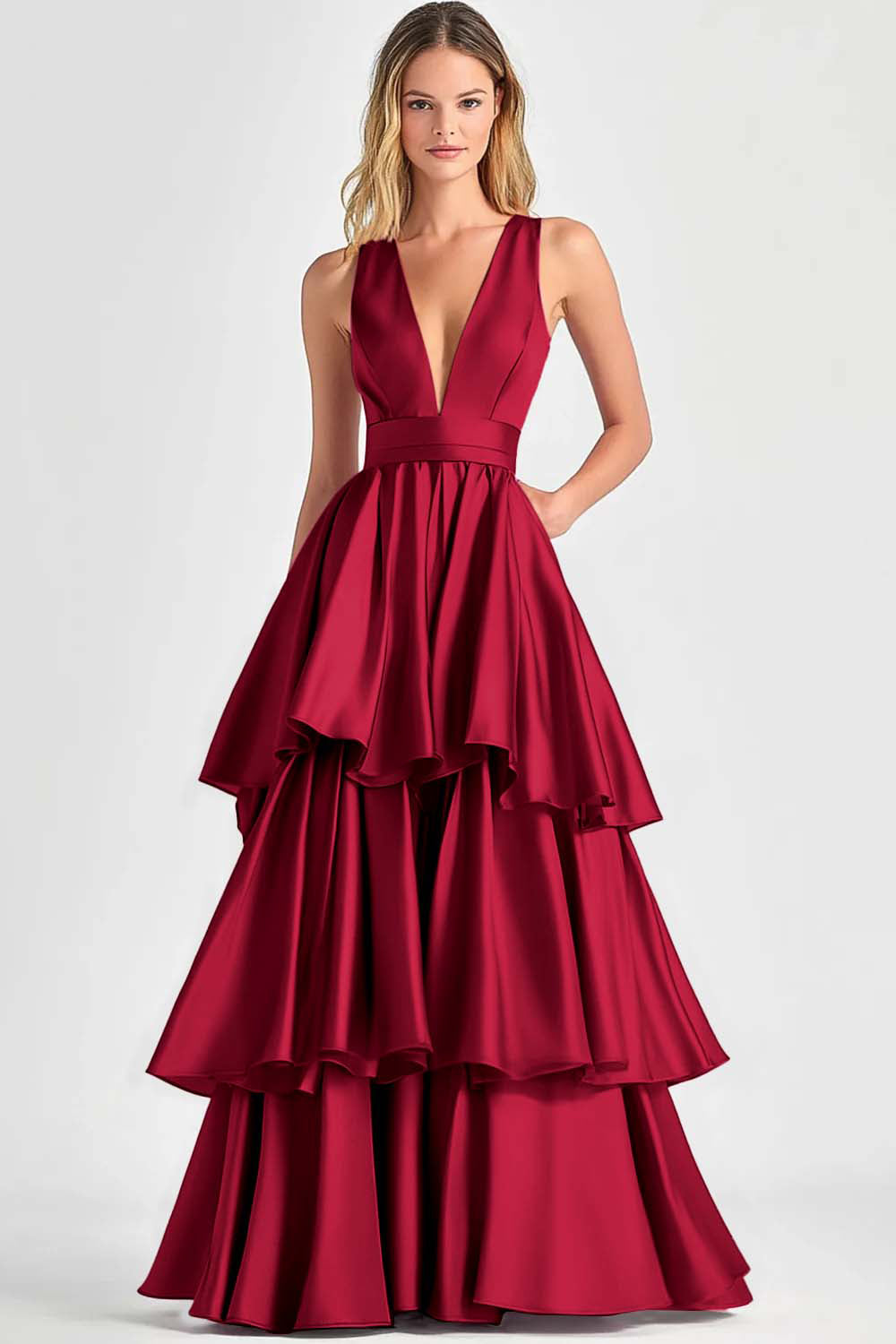 Fuchsia A-Line V Neck Ruffles Long Prom Dress