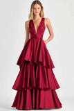 Fuchsia A-Line V Neck Ruffles Long Prom Dress