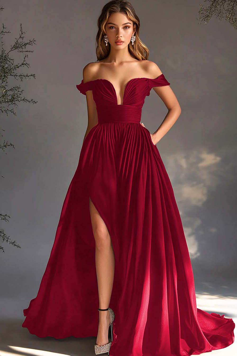 Black Off The Shoulder A Line Prom Dress with Slit