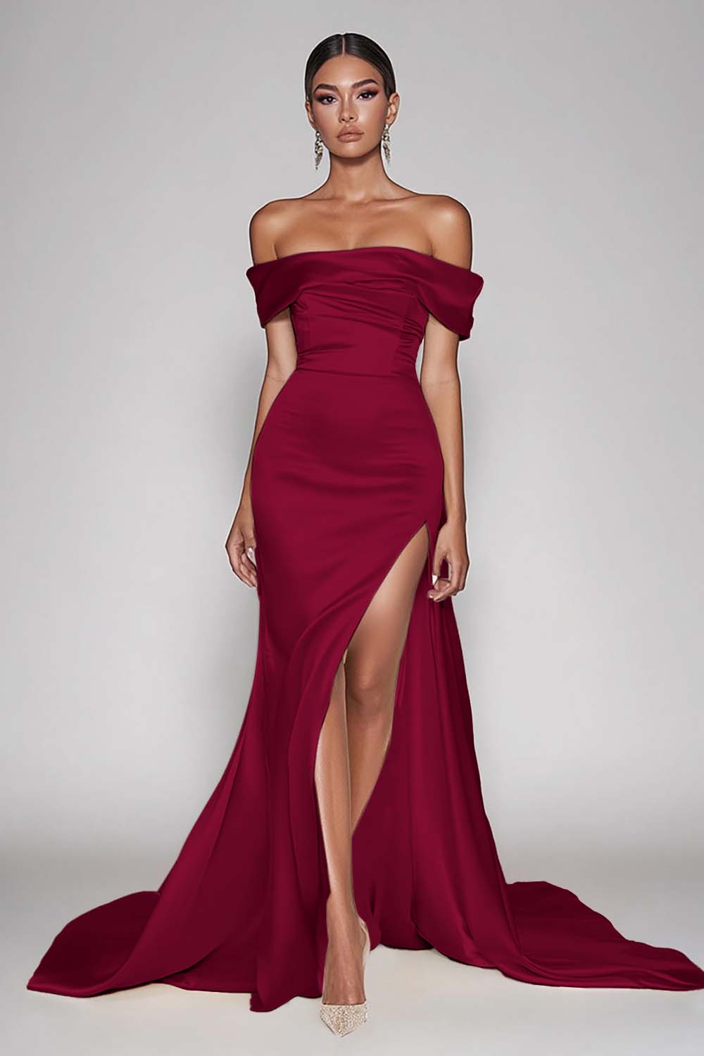 Champagne Off The Shoulder Satin Long Mermaid Prom Dress with Slit