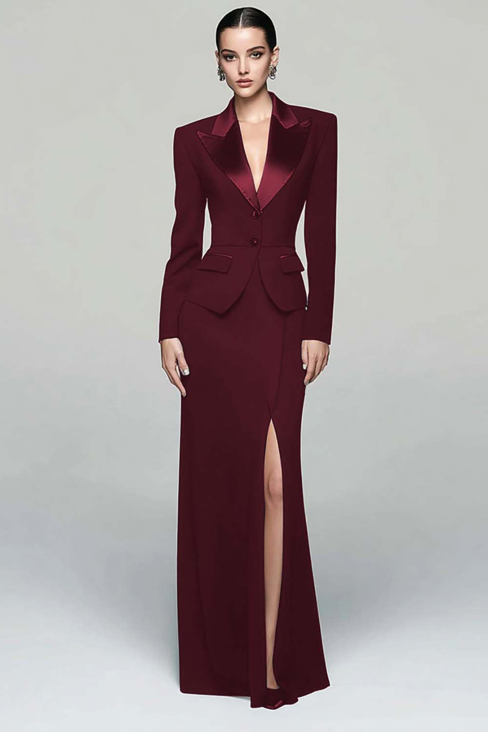 Black 2 Piece Peak Lapel Work Dress with Slit