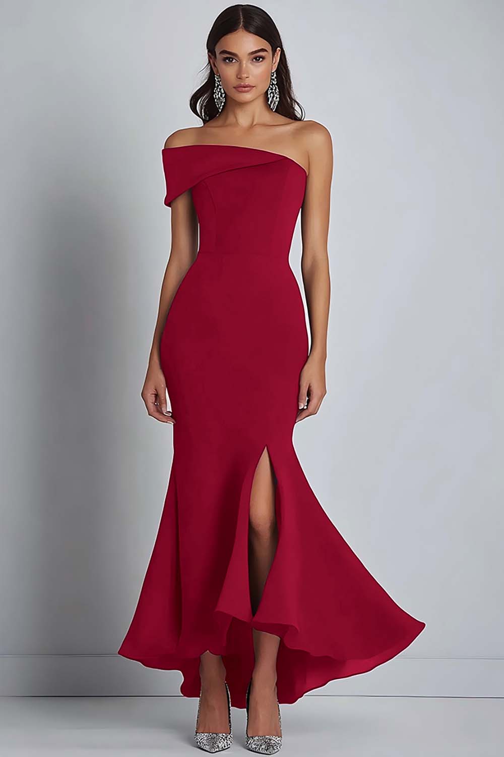 Navy Crepe One Shoulder Sheath Formal Dress with Slit