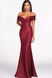Red Mermaid Off The Shoulder Satin Formal Dress