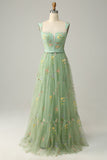 Elegant A-Line Square Neck Green Long Prom Dress with Embroidery