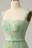 Elegant A-Line Square Neck Green Long Prom Dress with Embroidery