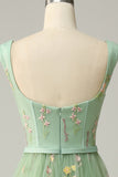 Elegant A-Line Square Neck Green Long Prom Dress with Embroidery