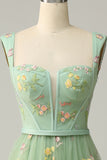 Elegant A-Line Square Neck Green Long Prom Dress with Embroidery