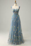 Elegant A-Line Square Neck Green Long Prom Dress with Embroidery
