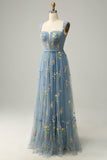 Elegant A-Line Square Neck Green Long Prom Dress with Embroidery