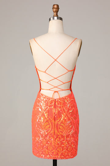 Sparkle 'til Dawn Bodycon Spaghetti Straps Orange Sequins Short Homecoming Dress