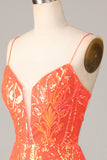 Sparkle 'til Dawn Bodycon Spaghetti Straps Orange Sequins Short Homecoming Dress