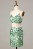 Ultimate Glow Two Piece Spaghetti Straps Green Sequins Short Homecoming Dress