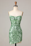 Fanciful Flirt Bodycon Spaghetti Straps Green Sequins Short Homecoming Dress