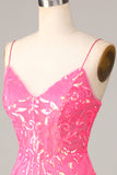 Undeniably Amazing Sheath Spaghetti Straps Fuchsia Sequins Homecoming Dress