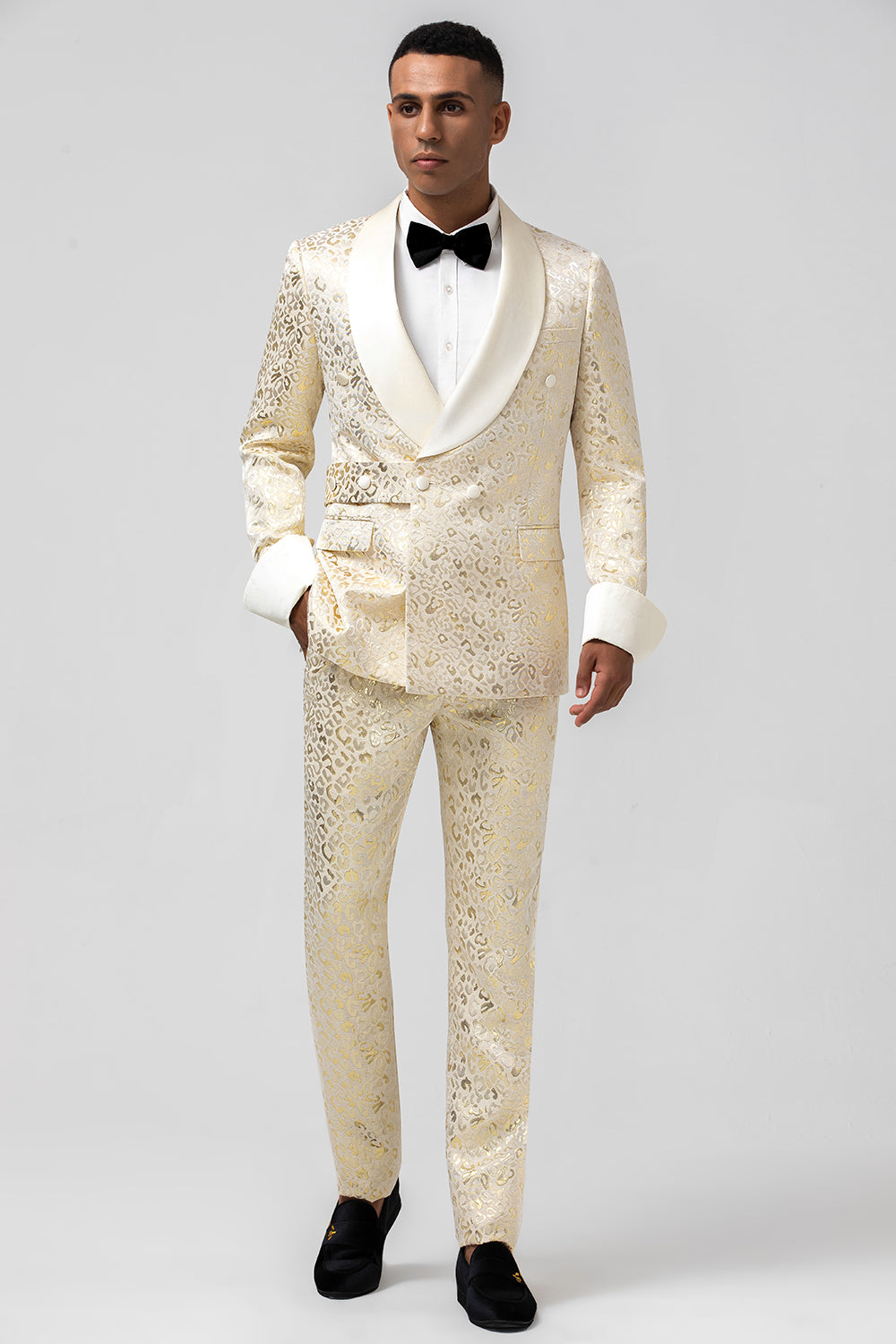 Glitter Champagne Shawl Lapel Jacquard 2 Piece Men's Prom Suits with Belt