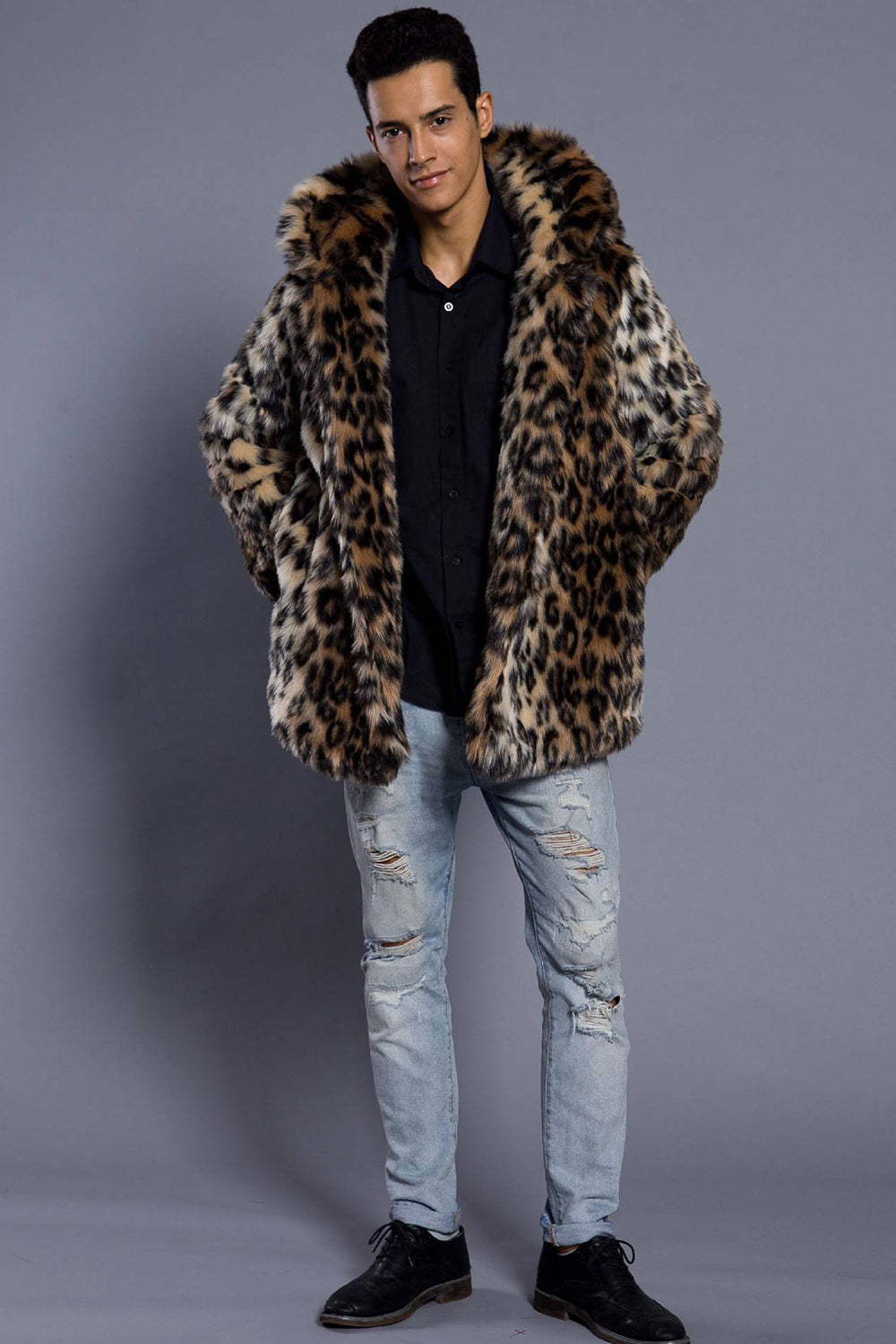 Brown Open Front Lapel Neck Long Faux Fur Men Coat