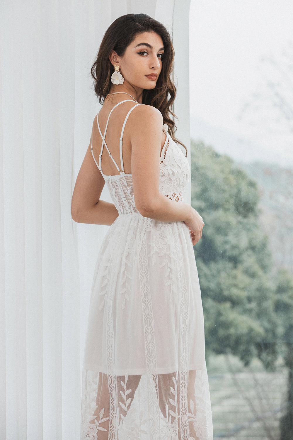 Spaghetti Straps Lace Elegant White Graduation Dress