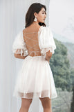 Cute Tulle Pleated White Graduation Dress with Lace-up Back