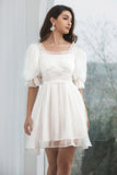 Cute Tulle Pleated White Graduation Dress with Lace-up Back