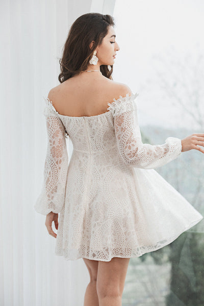 ZAPAKA Women Cute White Graduation Dress Off the Shoulder Lace A Line Commencement Dress, White / L