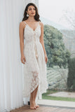 Spaghetti Straps High-Low Cute White Graduation Dress with Lace