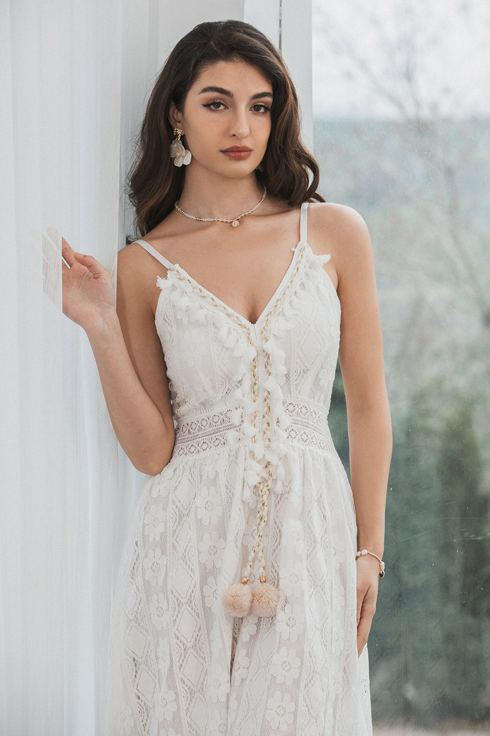 Spaghetti Straps High-Low Cute White Graduation Dress with Lace