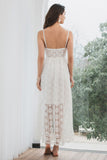 Spaghetti Straps High-Low Cute White Graduation Dress with Lace
