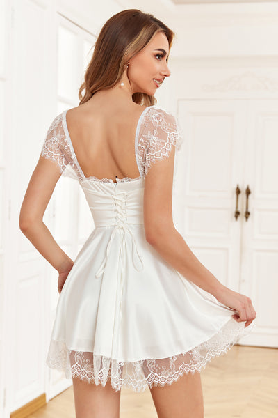 white lace graduation dress Zapaka Women A Line Square Neck Casual Dress with Lace, White / S georges-hobeika