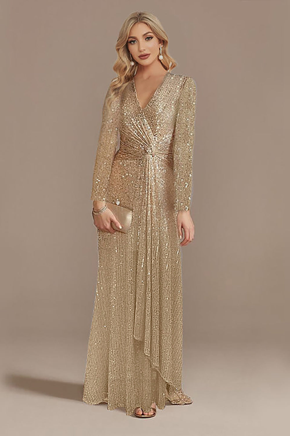 Glitter Navy V Neck Mother of the Bride Dress with Long Sleeves