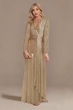 Glitter Navy V Neck Mother of the Bride Dress with Long Sleeves