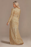Glitter Navy V Neck Mother of the Bride Dress with Long Sleeves