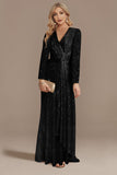Glitter Navy V Neck Mother of the Bride Dress with Long Sleeves
