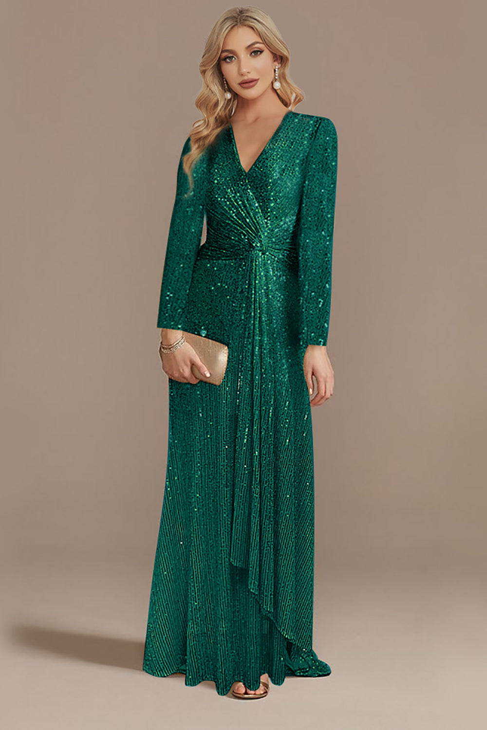 Glitter Navy V Neck Mother of the Bride Dress with Long Sleeves