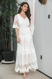 White A Line V Neck Boho Lace Long Modest Graduation Dress with Short Sleeves