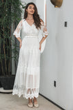 White A Line V Neck Boho Lace Long Modest Graduation Dress with Short Sleeves