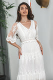 White A Line V Neck Boho Lace Long Modest Graduation Dress with Short Sleeves