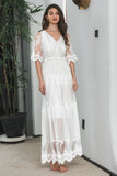 White A Line V Neck Boho Lace Long Modest Graduation Dress with Short Sleeves