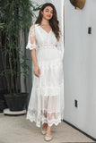 White A Line V Neck Boho Lace Long Modest Graduation Dress with Short Sleeves