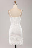 Cute Spaghetti Straps Bodycon Pleated Lace Short White Graduation Dress