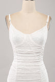 Cute Spaghetti Straps Bodycon Pleated Lace Short White Graduation Dress