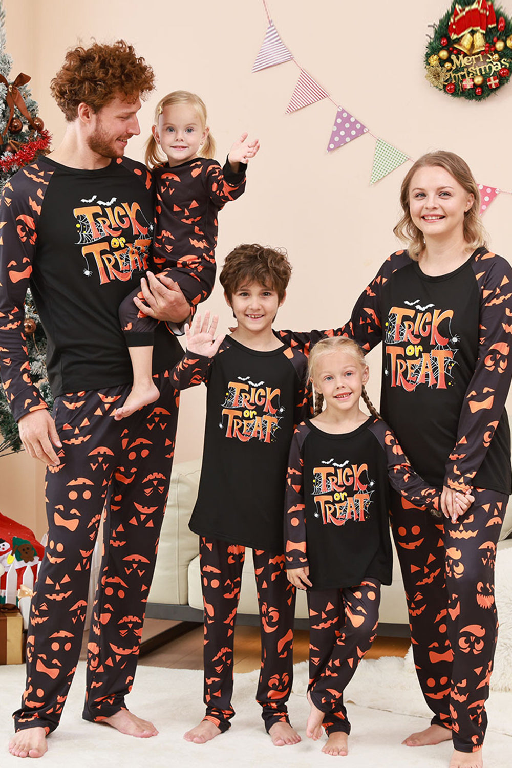 Black Trick or Treat Printed Halloween Family Pajamas Set
