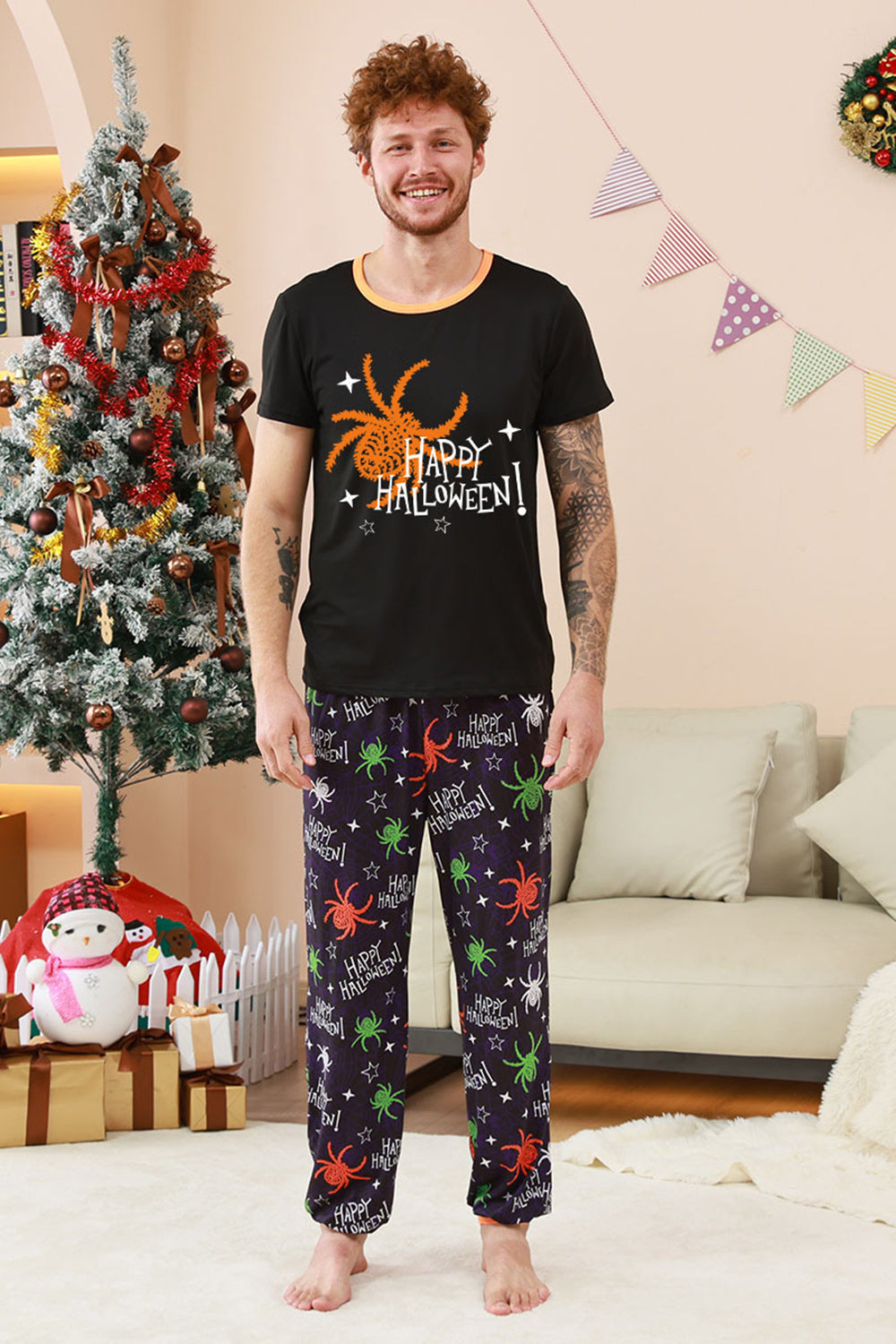Black and Orange Spider Printed Halloween Family Pajamas Set