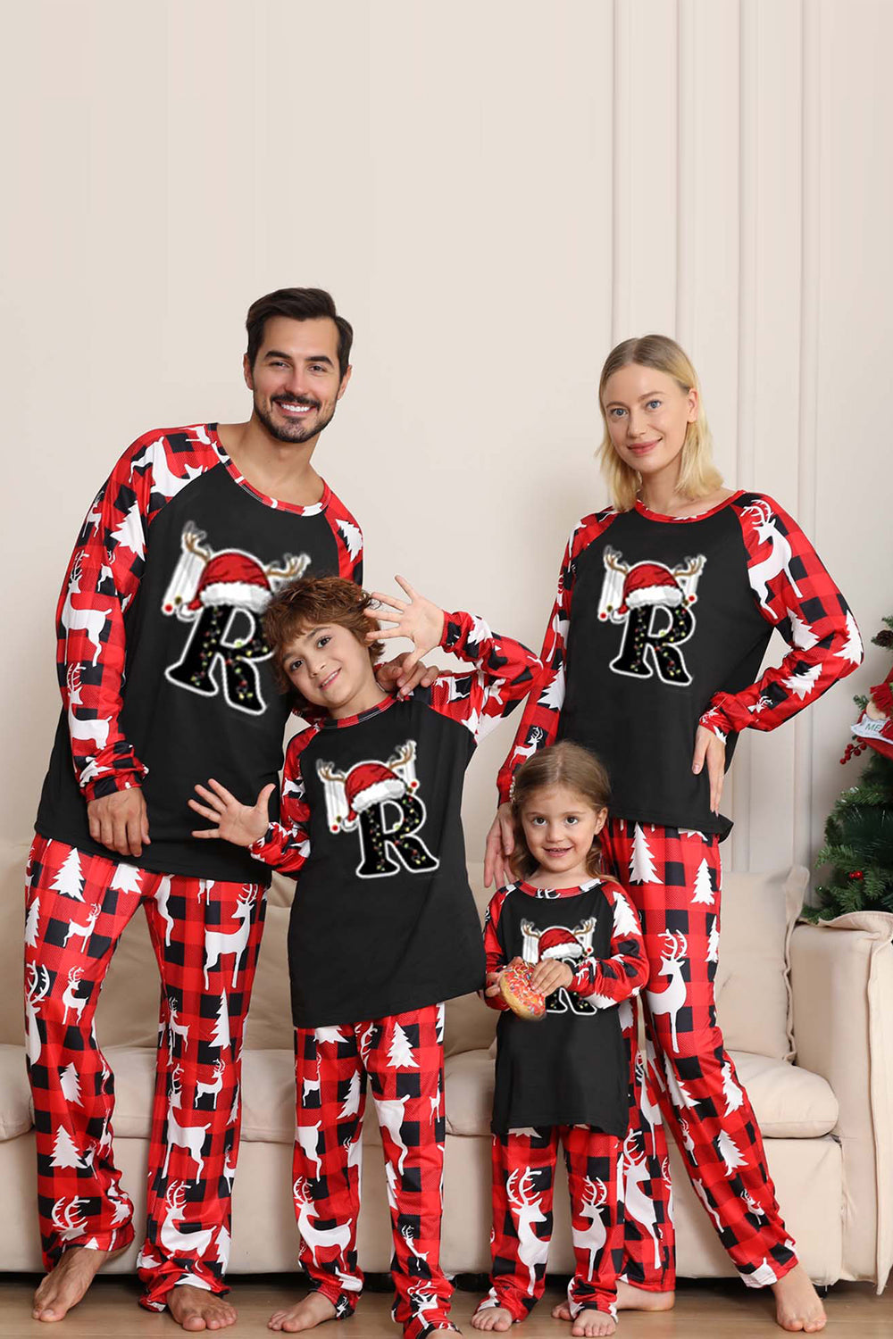 Black and Red Tree and Deer Printed Family Christmas Pajamas
