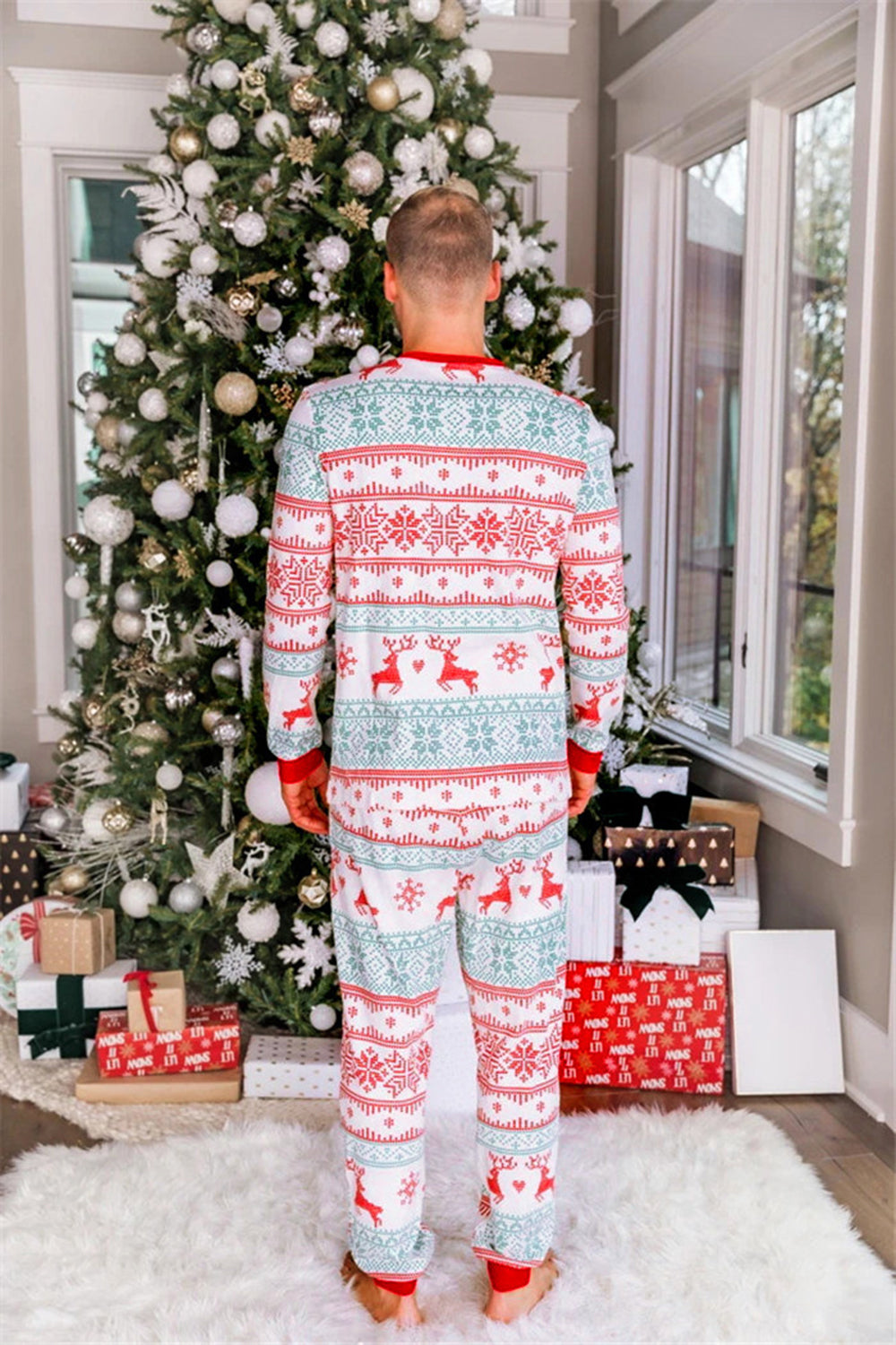 Snowflake And Deer Print Grey Family Matching Christmas Pajamas Set