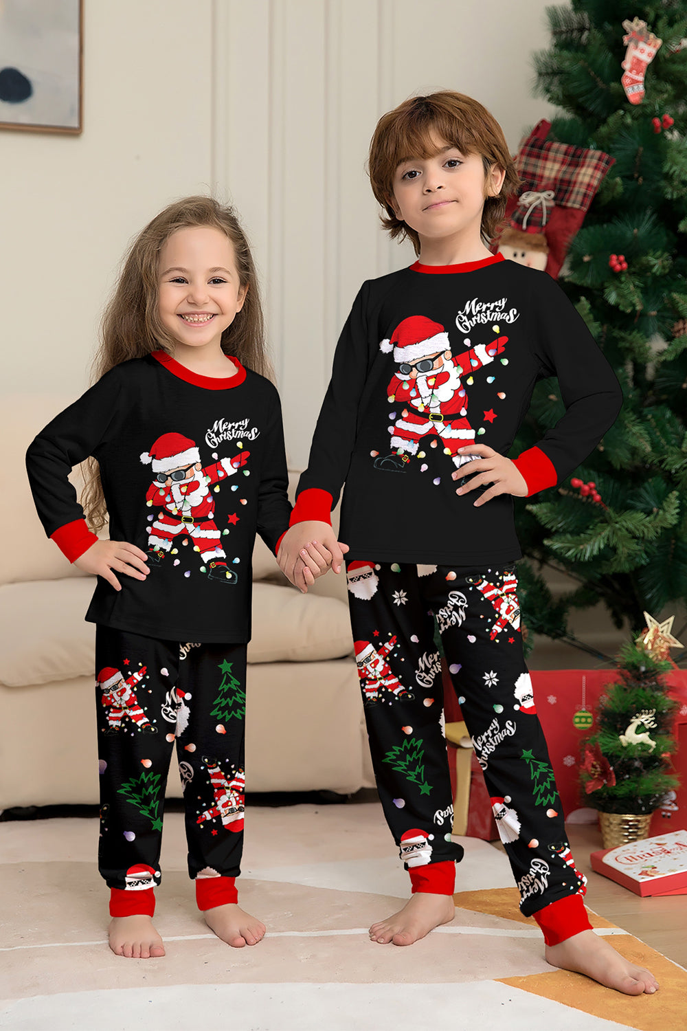 Black Christmas Santa Print Family Matching Pajamas Sets