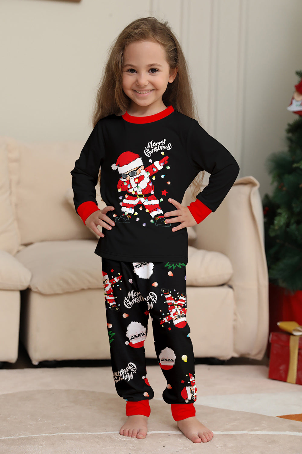 Black Christmas Santa Print Family Matching Pajamas Sets