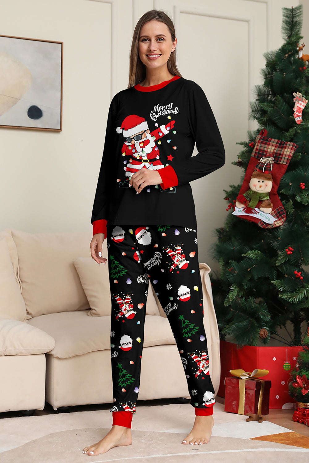 Black Christmas Santa Print Family Matching Pajamas Sets