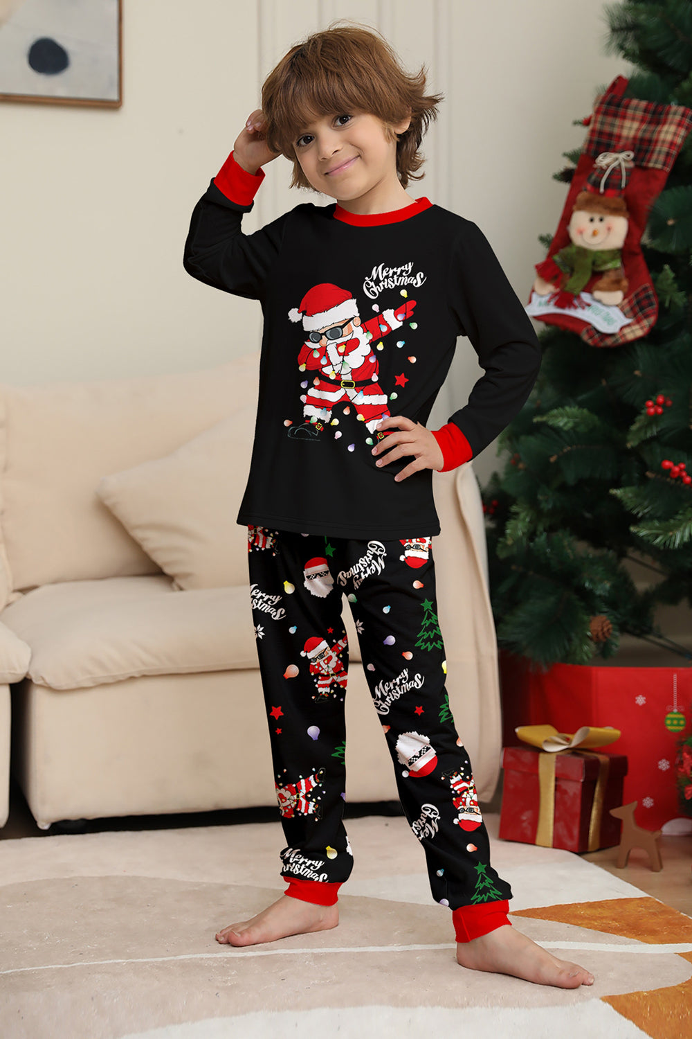 Black Christmas Santa Print Family Matching Pajamas Sets